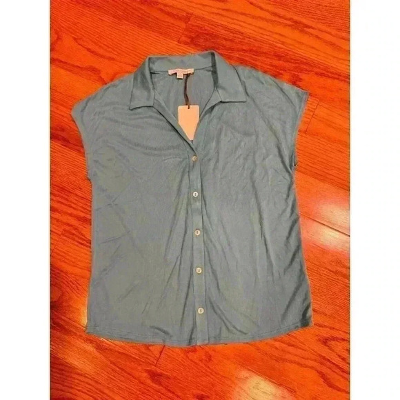 Green Envelope Los Angeles Womens Button-Up Top Small Blue Modal Blend - Picture 1 of 5